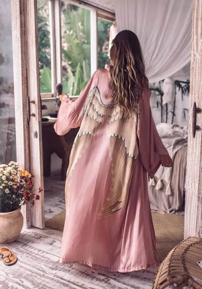 ANGEL WING BATHROBE LUXE - SILK - Musk With Caramel Wings SM