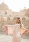 EGYPTIAN SAND - VIS SATIN - PINK MAGENTA TRIM WITH BIAS CUT MATCHING DRESS