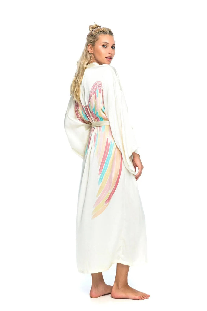 ANGEL WING BATHROBE LUXE - SILK - Cream with Rainbow wings SM