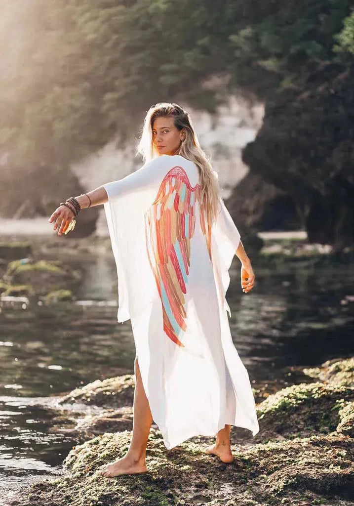 SHORT LONG ANGEL WING KAFTAN VISCOSE - WHITE RAINBOW PASTEL - S/M