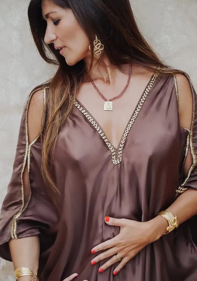 Serpent Temple Kaftan Viscose Satin - Chocolate Plum - XS