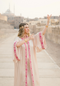 EGYPTIAN SAND - VIS SATIN - PINK MAGENTA TRIM  WITH BIAS CUT MATCHING DRESS