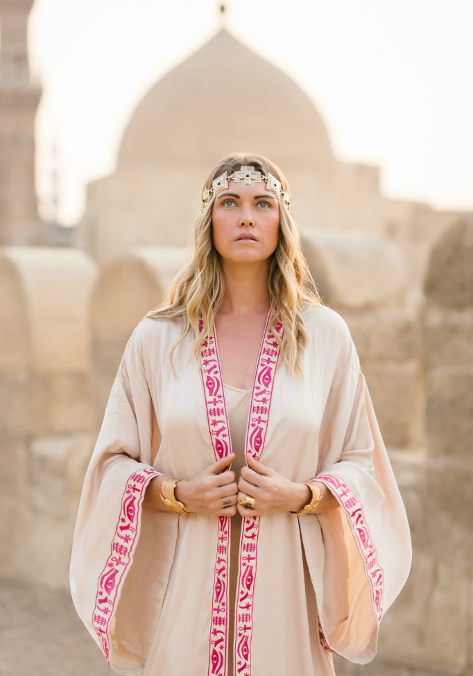 EGYPTIAN SAND - VIS SATIN - PINK MAGENTA TRIM  WITH BIAS CUT MATCHING DRESS