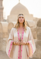 EGYPTIAN SAND - VIS SATIN - PINK MAGENTA TRIM  WITH BIAS CUT MATCHING DRESS