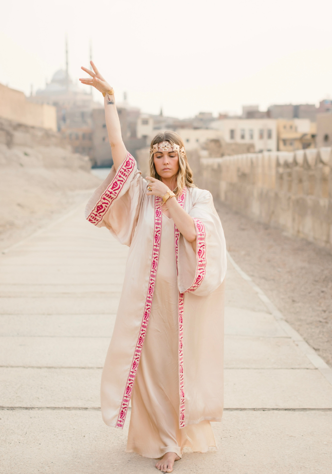 EGYPTIAN SAND - VIS SATIN - PINK MAGENTA TRIM  WITH BIAS CUT MATCHING DRESS