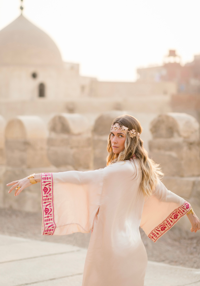 EGYPTIAN SAND - VIS SATIN - PINK MAGENTA TRIM  WITH BIAS CUT MATCHING DRESS