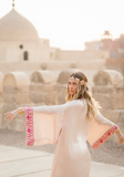 EGYPTIAN SAND - VIS SATIN - PINK MAGENTA TRIM  WITH BIAS CUT MATCHING DRESS
