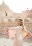 EGYPTIAN SAND - VIS SATIN - PINK MAGENTA TRIM  WITH BIAS CUT MATCHING DRESS