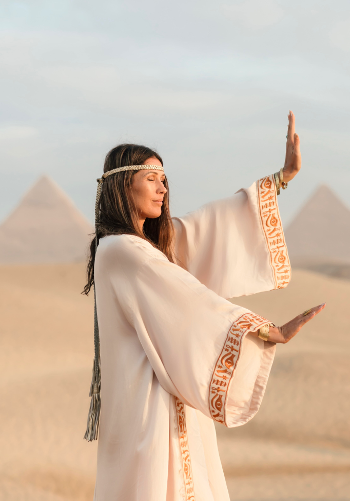 EGYPTIAN SAND - VIS SATIN - SUNSET TRIM WITH BIAS CUT MATCHING DRESS