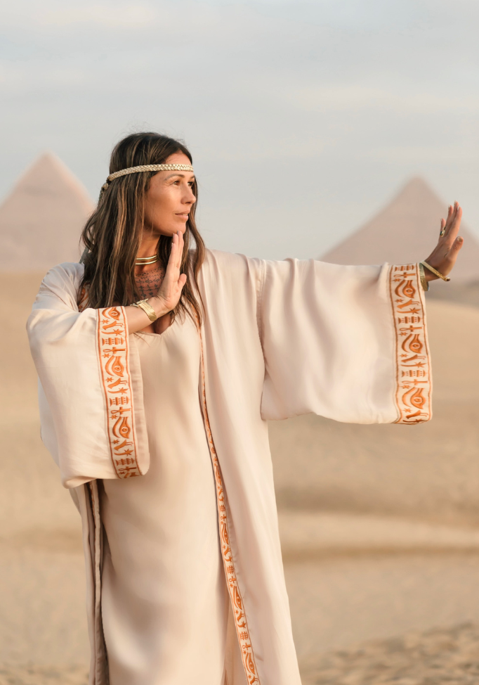 EGYPTIAN SAND - VIS SATIN - SUNSET TRIM WITH BIAS CUT MATCHING DRESS