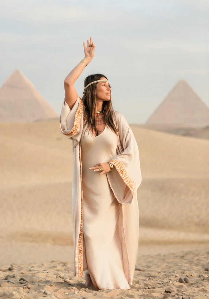 EGYPTIAN SAND - VIS SATIN - SUNSET TRIM WITH BIAS CUT MATCHING DRESS