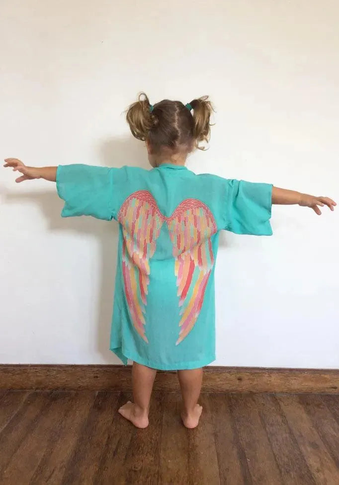 Kids Angel Wing Kimono - VISCOSE - Aqua / Rainbow Pastel - 6-8