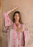SMOKEY LAVENDER  - SILK - PINK MAGENTA TRIM WITH BIAS CUT MATCHING DRESS
