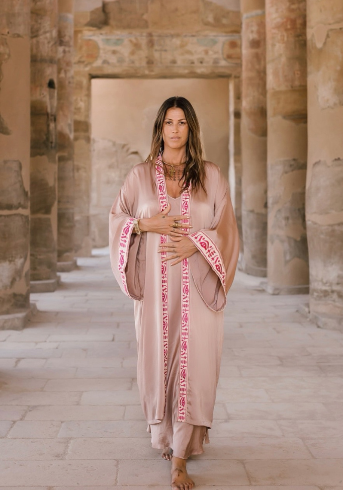 SMOKEY LAVENDER  - SILK - PINK MAGENTA TRIM WITH BIAS CUT MATCHING DRESS