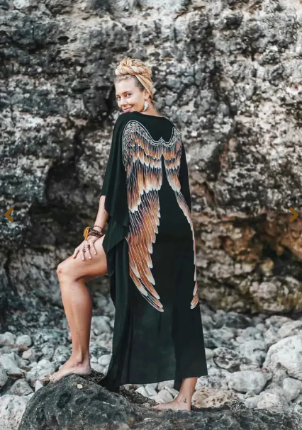 Short-Long Angel Wing Kaftan Viscose - Black with Caramel Wings ML