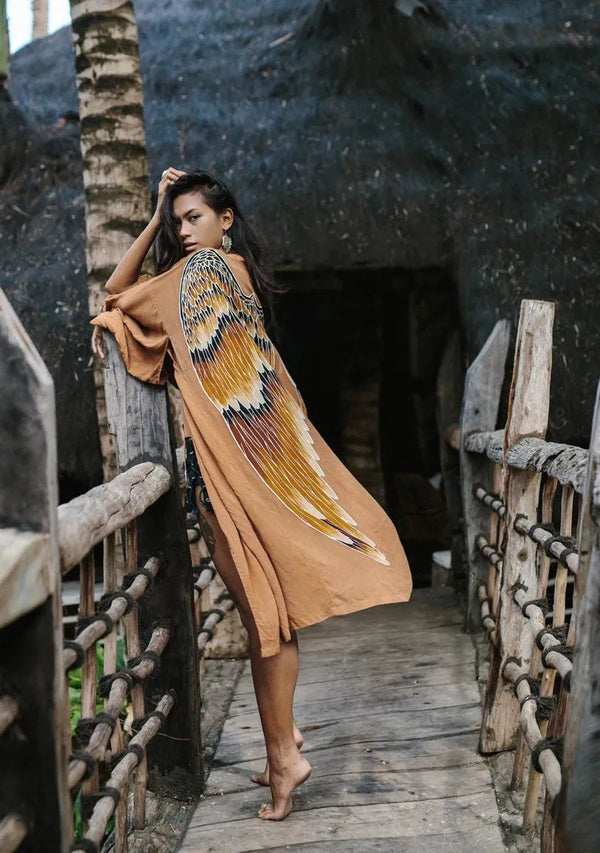 The Classic Angel Wing Kimono Viscose - Clay w/ Caramel Wings - 115cm