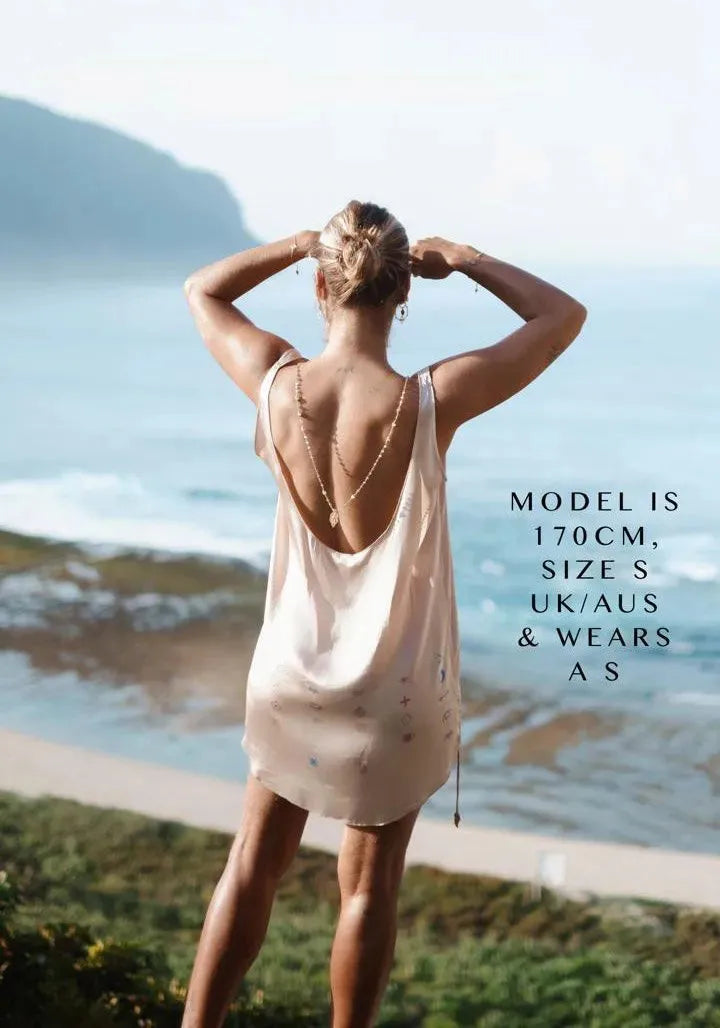 Atoms Of The Universe Slip Dress Luxe Cream with Rainbow Symbols XS - AUS 8