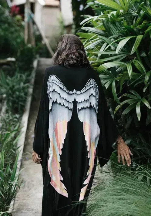 The Classic Angel Wing Kimono Viscose - Black with Silver Warrior w/Rainbow Pastel Wings - 75cm