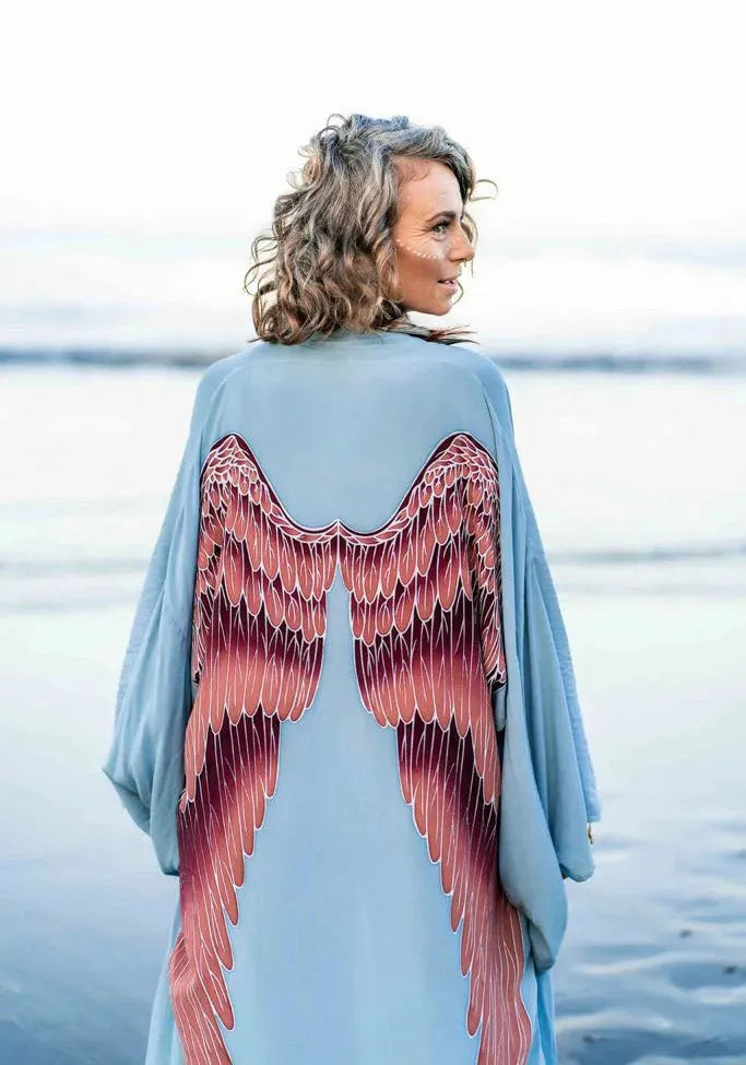 The Classic Angel Wing Kimono Viscose - Ice Blue w/ Aubergine Wings - 115cm