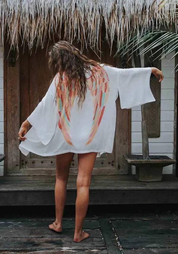 The Classic Angel Wing Kimono Viscose - White with Rainbow Pastel Wings  75 cm