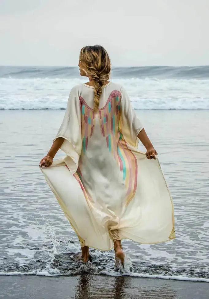 SHORT LONG ANGEL WING KAFTAN LUXE - CREAM WITH RAINBOW PASTEL - S/M