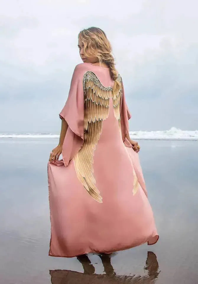 SHORT LONG ANGEL WING KAFTAN VISCOSE - MUSK W/ CARAMEL WINGS - XS/S