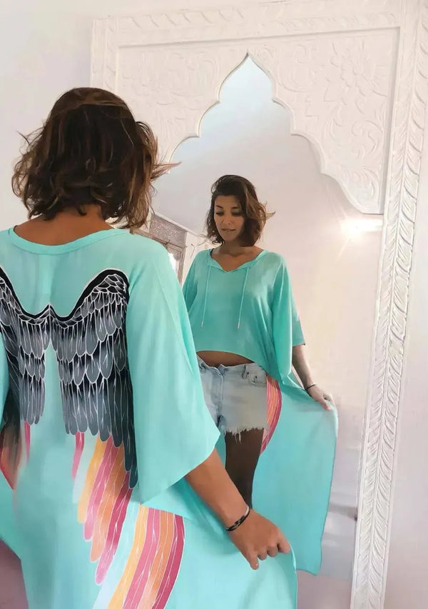 Short-Long Angel Wing Kaftan Viscose - Aqua with Silver Warrior Pastel Wings XS/S