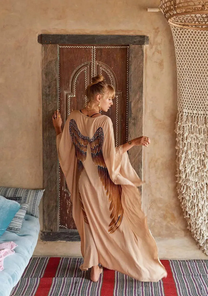 Short-Long Angel Wing Kaftan Viscose - Fawn with Caramel Wings S/M