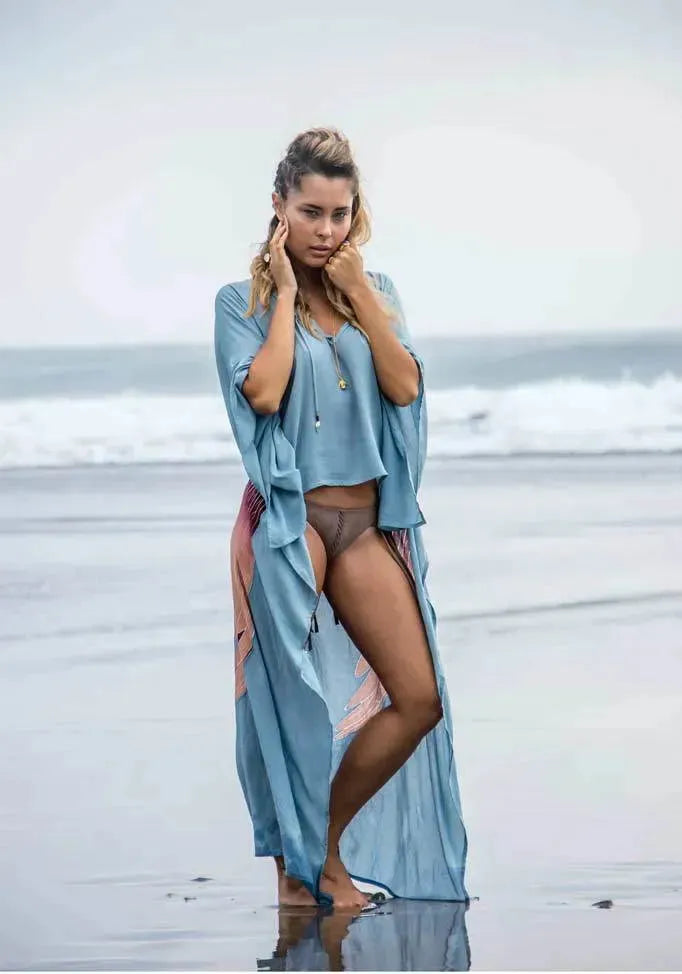 SHORT LONG ANGEL WING KAFTAN EVERYDAY - ICE BLUE / AUBERGINE WINGS - SM