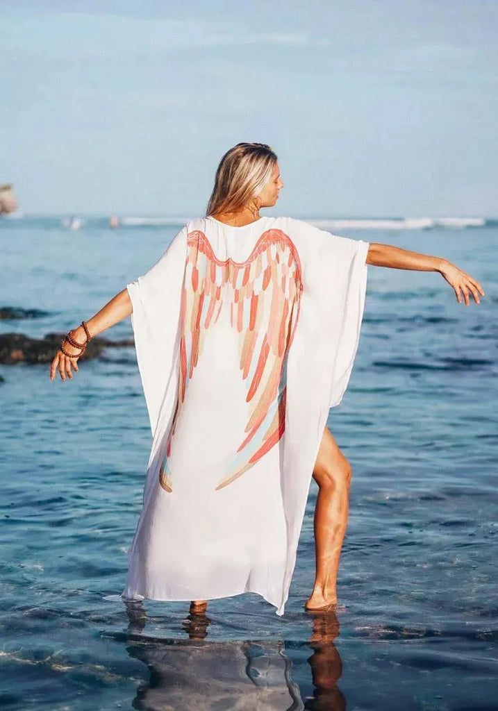Short-Long Angel Wing Kaftan Viscose White Rainbow Pastel M/L
