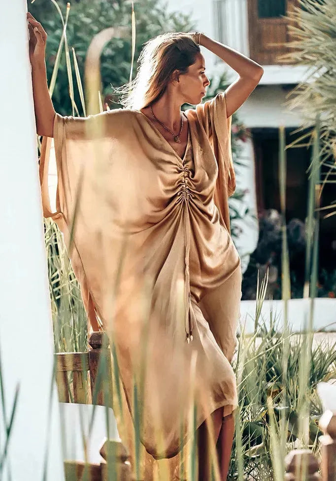 Archangel Gabriel Goddess Kaftan Luxe - Hand-painted On Silk Golden Goddess S/M